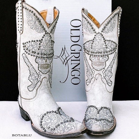 OLD GRINGO L&L White Skull Studded Sombrero Pistol Gun Cowgirl Western Boots - Botablu