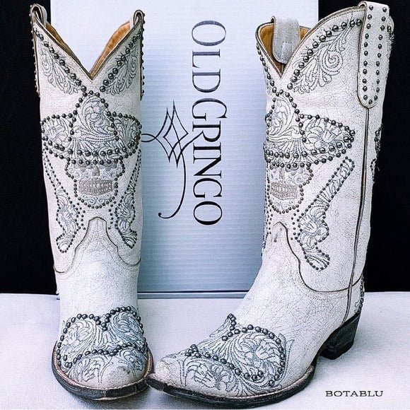 OLD GRINGO L&L White Skull Studded Sombrero Pistol Gun Cowgirl Western Boots - Botablu