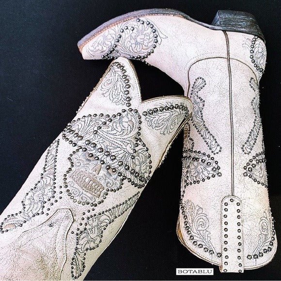 OLD GRINGO L&L White Skull Studded Sombrero Pistol Gun Cowgirl Western Boots - Botablu