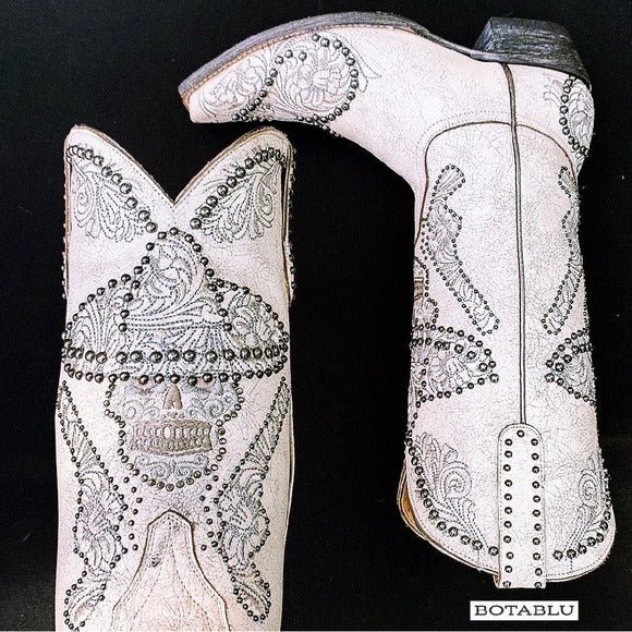 OLD GRINGO L&L White Skull Studded Sombrero Pistol Gun Cowgirl Western Boots - Botablu