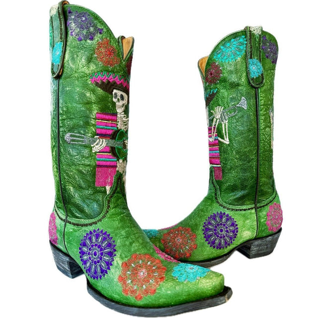 OLD GRINGO Mariachi Fiesta L3587-4 Green Skull Cowboy Boots - Botablu