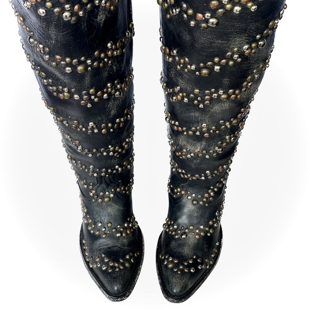 OLD GRINGO Studded Black Leather Tall Knee High Cowgirl Western Boots - Botablu