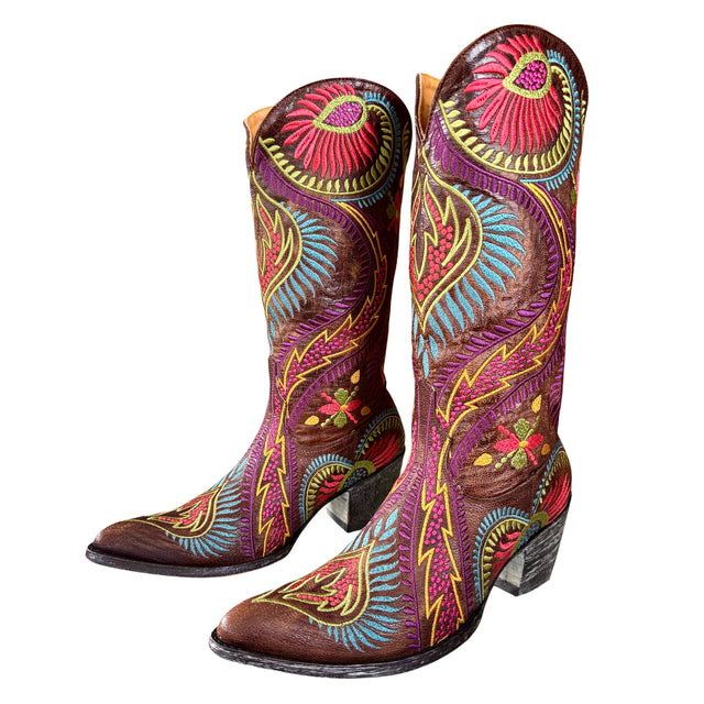 DOUBLE D RANCH Prescott Fringe Studded Red Leather Cowgirl Cowboy Western Boots - Botablu