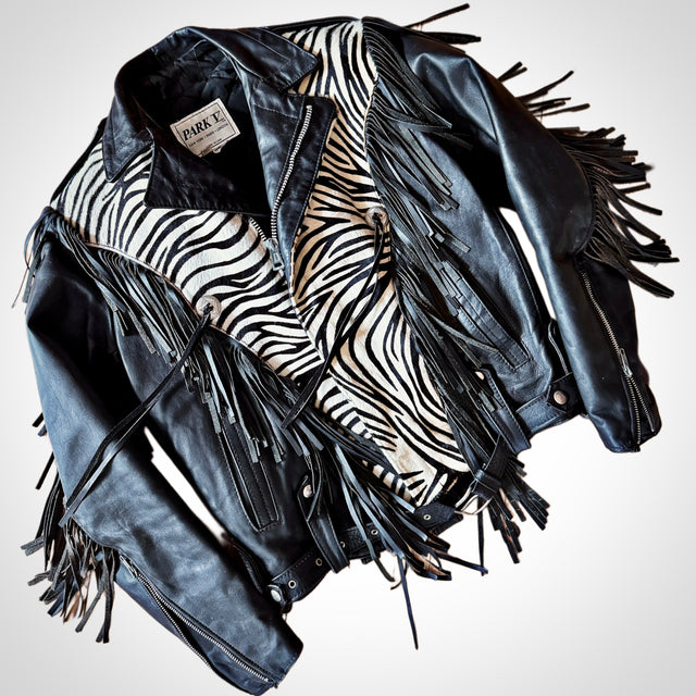 PARK V Vintage Fringe Zebra Leather Motorcycle Jacket - Botablu