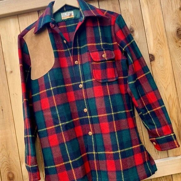 PENDLETON LOBO Vintage Wool Plaid Suede Patch Button Down Shirt Jacket Shacket - Botablu