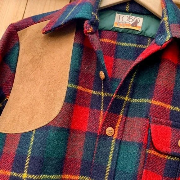 PENDLETON LOBO Vintage Wool Plaid Suede Patch Button Down Shirt Jacket Shacket - Botablu