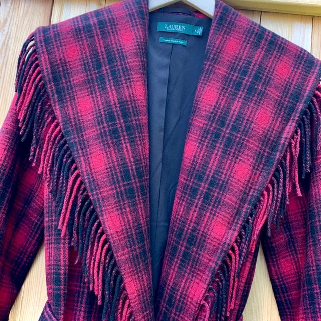 RALPH LAUREN Wool Blanket Fringe Western Black Red Belted Wrap Coat Jacket - Botablu