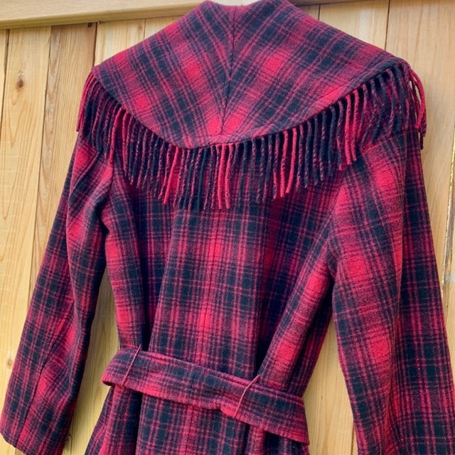 RALPH LAUREN Wool Blanket Fringe Western Black Red Belted Wrap Coat Jacket - Botablu