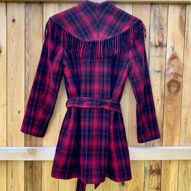 RALPH LAUREN Wool Blanket Fringe Western Black Red Belted Wrap Coat Jacket - Botablu