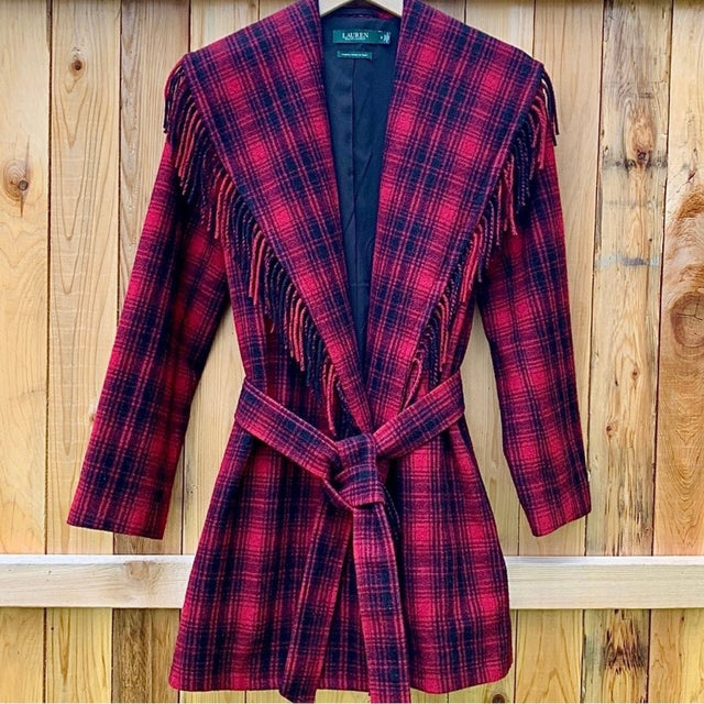 RALPH LAUREN Wool Blanket Fringe Western Black Red Belted Wrap Coat Jacket - Botablu