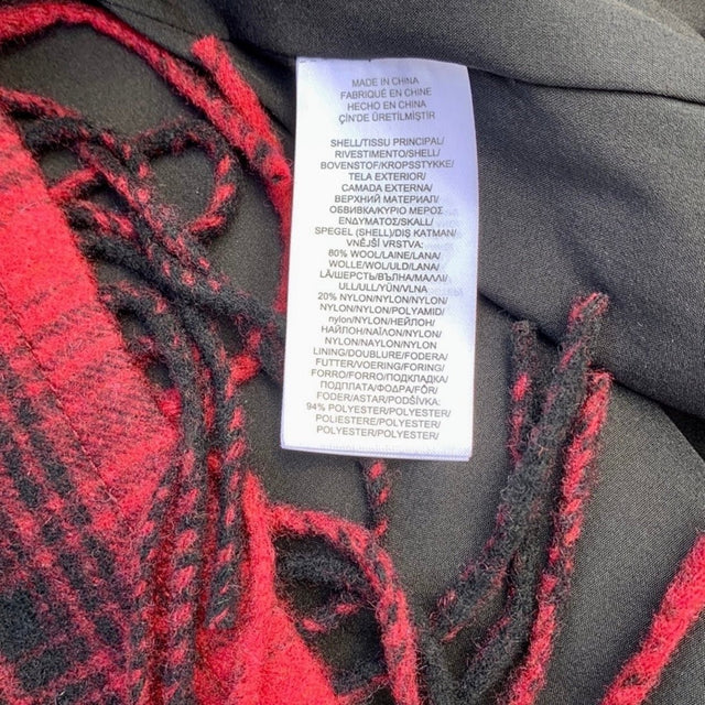 RALPH LAUREN Wool Blanket Fringe Western Black Red Belted Wrap Coat Jacket - Botablu