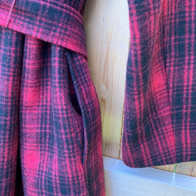 RALPH LAUREN Wool Blanket Fringe Western Black Red Belted Wrap Coat Jacket - Botablu