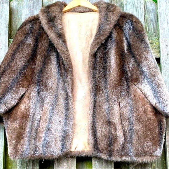 REGINA GLENARA GLENOIT Vintage Brown Black Faux Mink Fur Cape Coat - Botablu