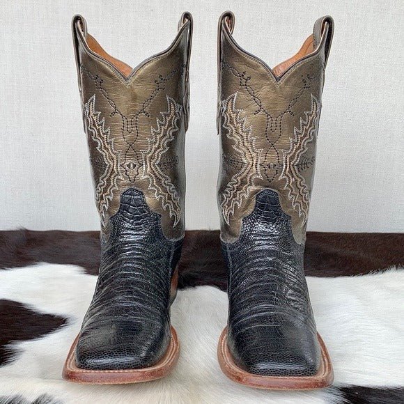 RESISTOL RANCH LUCCHESE Ostrich Square Toe Black Metallic Cowgirl Cowboy Western Boots - Botablu