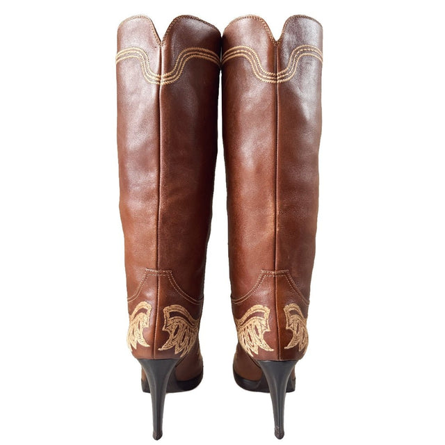 SERGIO ROSSI Eagle Phoenix Tall Brown Cowgirl Boots - Botablu