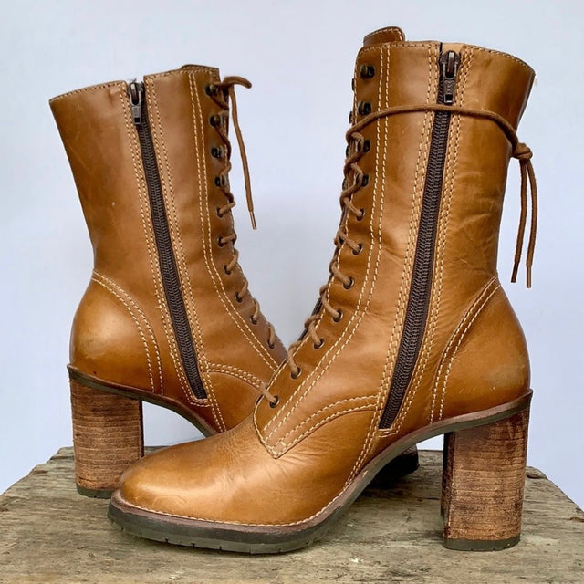 SKECHERS Vintage Y2K Lace Up Zippered Platform Chunky Heel Brown Ankle Boots - Botablu