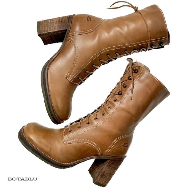 SKECHERS Vintage Y2K Lace Up Zippered Platform Chunky Heel Brown Ankle Boots - Botablu