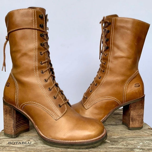 SKECHERS Vintage Y2K Lace Up Zippered Platform Chunky Heel Brown Ankle Boots - Botablu