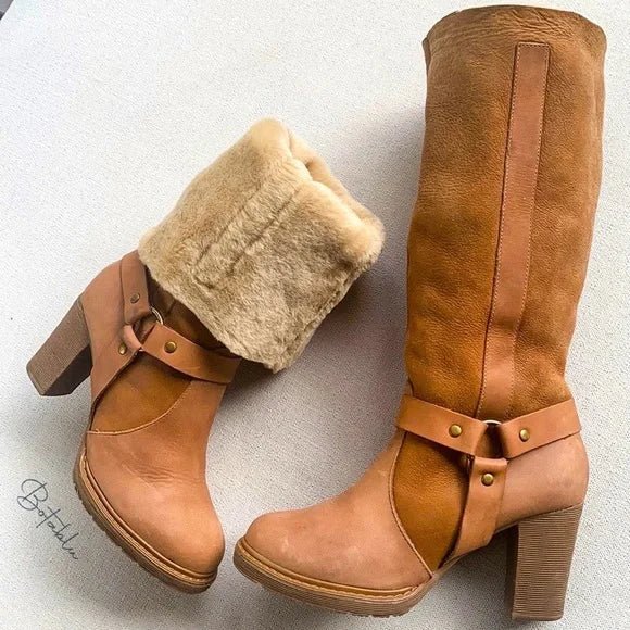 STETSON Fur Lined Leather Harness Tall Chunky High Heel Winter Western Boots - Botablu