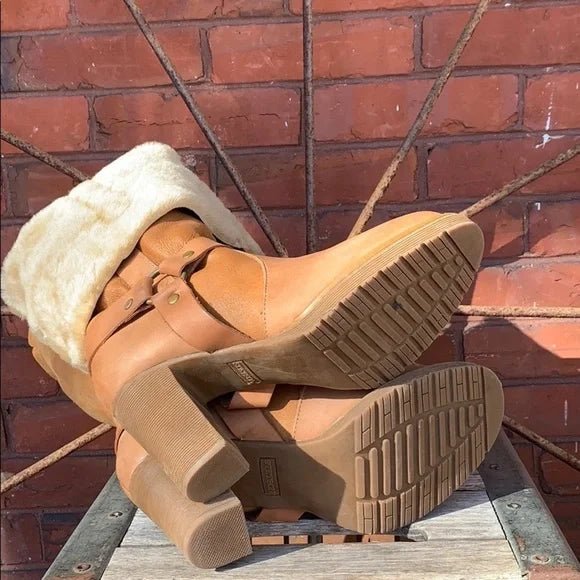 STETSON Fur Lined Leather Harness Tall Chunky High Heel Winter Western Boots - Botablu