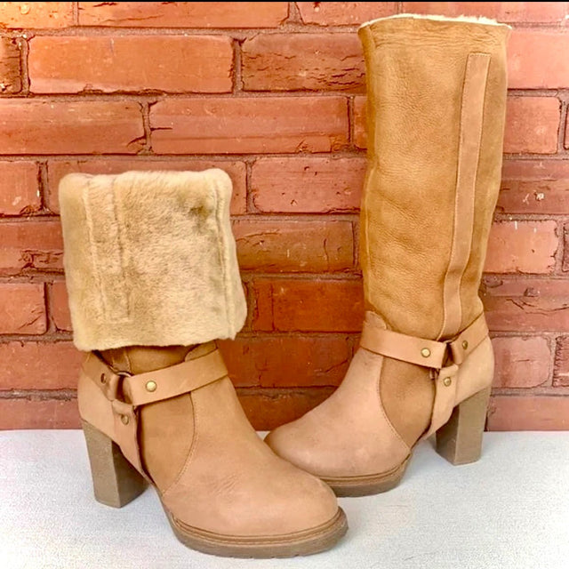 STETSON Fur Lined Leather Harness Tall Chunky High Heel Winter Western Boots - Botablu