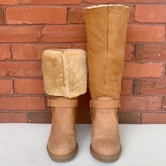 STETSON Fur Lined Leather Harness Tall Chunky High Heel Winter Western Boots - Botablu