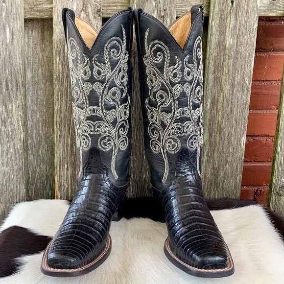 STETSON Handcrafted Caiman Exotic Square Toe Black Cowgirl Cowboy Western Boots - Botablu