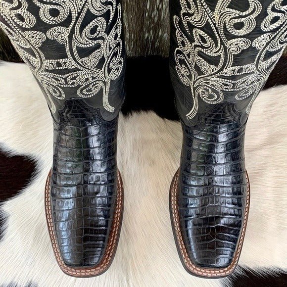 STETSON Handcrafted Caiman Exotic Square Toe Black Cowgirl Cowboy Western Boots - Botablu