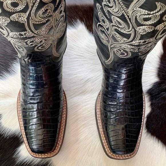 STETSON Handcrafted Caiman Exotic Square Toe Black Cowgirl Cowboy Western Boots - Botablu