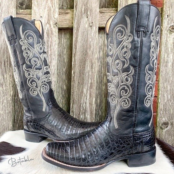 STETSON Handcrafted Caiman Exotic Square Toe Black Cowgirl Cowboy Western Boots - Botablu