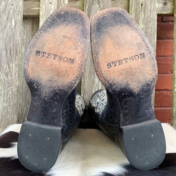 STETSON Handcrafted Caiman Exotic Square Toe Black Cowgirl Cowboy Western Boots - Botablu