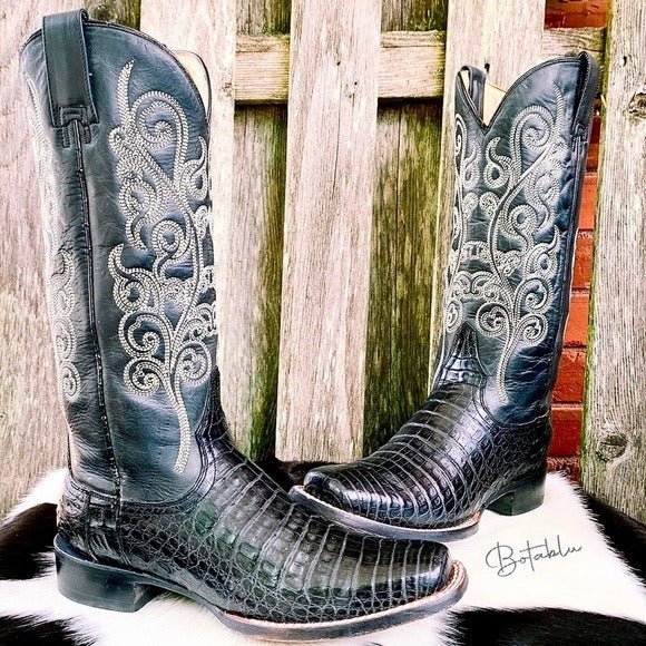 STETSON Handcrafted Caiman Exotic Square Toe Black Cowgirl Cowboy Western Boots - Botablu