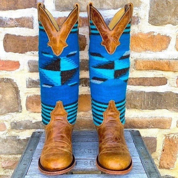 STETSON Serape Aztec Blanket Blue Brown Tall Knee High Western Cowgirl Boots - Botablu