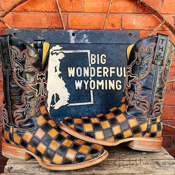 TIN HAUL Checkerboard Patchwork Heart Square Toe Cowboy Cowgirl Western Boots - Botablu