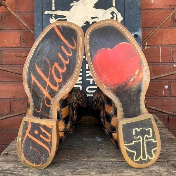 TIN HAUL Checkerboard Patchwork Heart Square Toe Cowboy Cowgirl Western Boots - Botablu