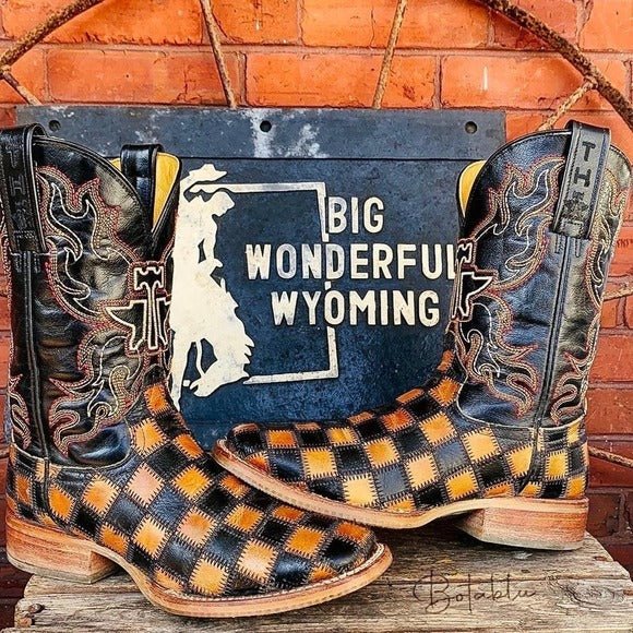 TIN HAUL Checkerboard Patchwork Heart Square Toe Cowboy Cowgirl Western Boots - Botablu
