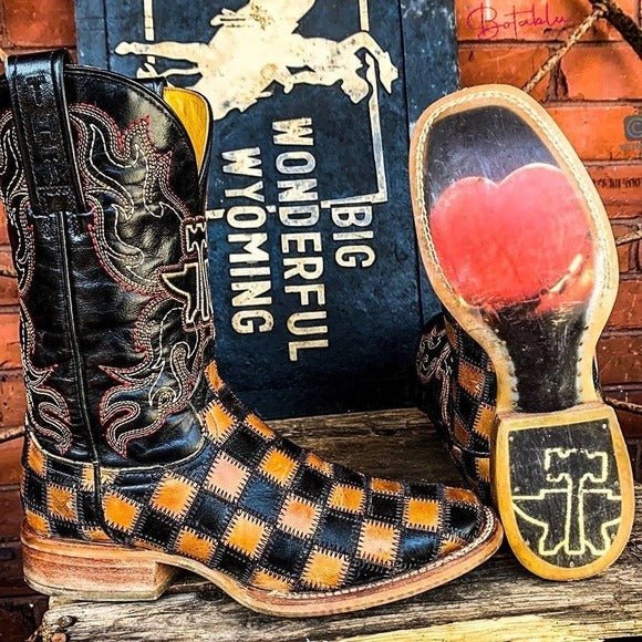 TIN HAUL Checkerboard Patchwork Heart Square Toe Cowboy Cowgirl Western Boots - Botablu