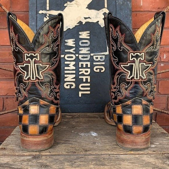 TIN HAUL Checkerboard Patchwork Heart Square Toe Cowboy Cowgirl Western Boots - Botablu
