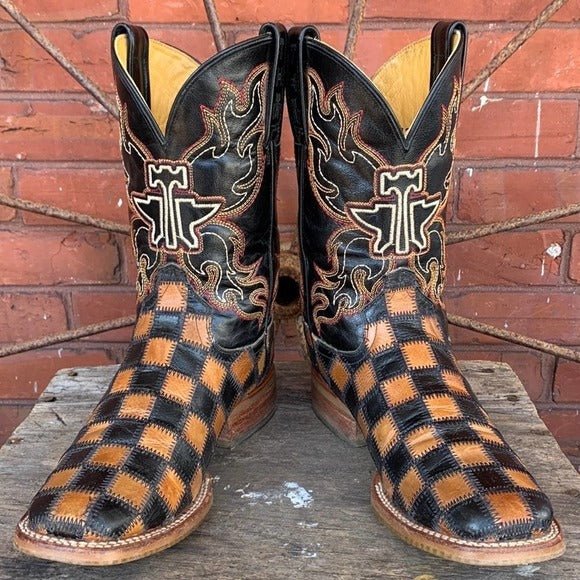 TIN HAUL Checkerboard Patchwork Heart Square Toe Cowboy Cowgirl Western Boots - Botablu
