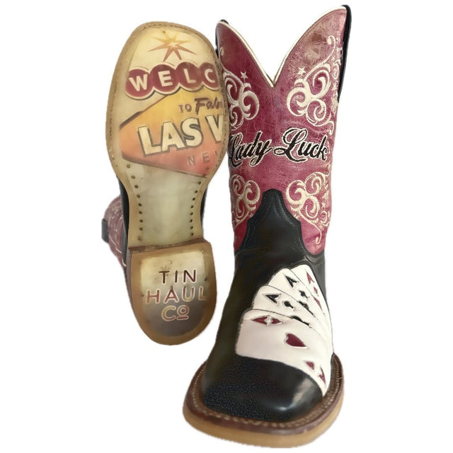 TIN HAUL Lady Luck Poker Aces Square Toe Cowgirl Western Boots - Botablu