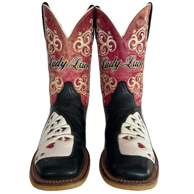 TIN HAUL Lady Luck Poker Aces Square Toe Cowgirl Western Boots - Botablu