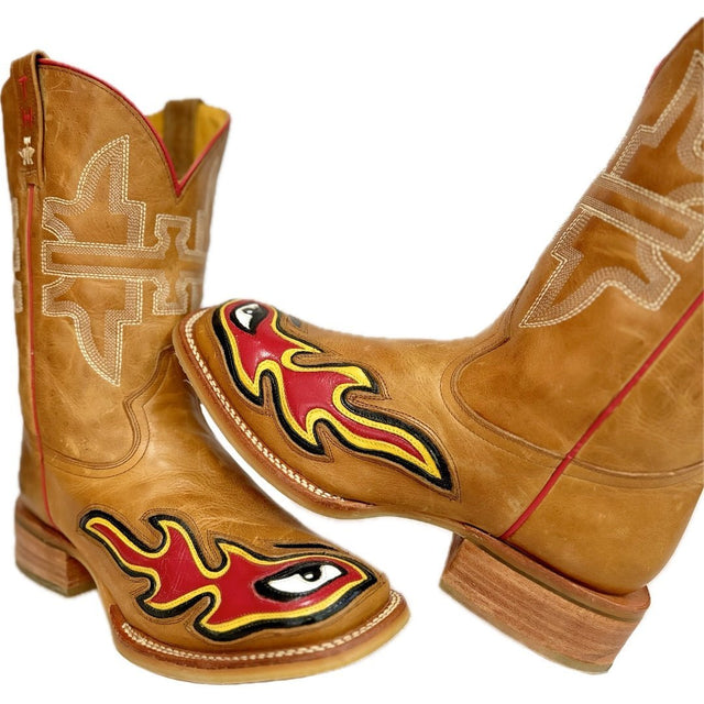 TIN HAUL Stink Eye Flames Square Toe Western Cowboy Boots - Botablu