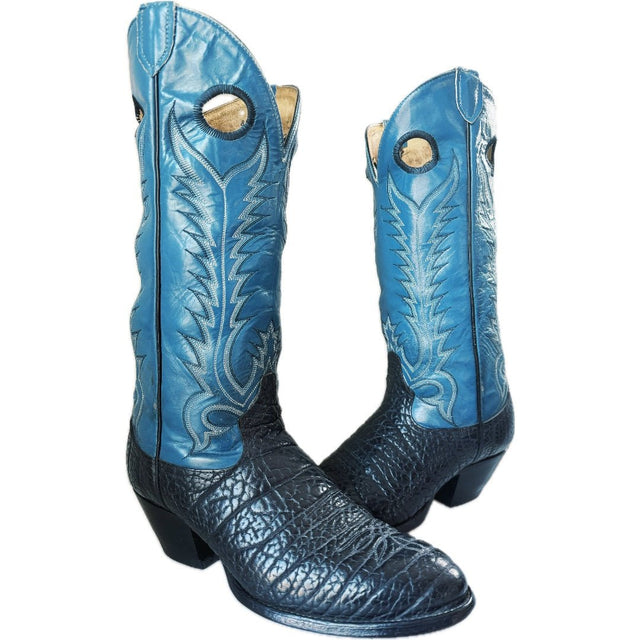 TONY LAMA Vintage Buckaroo Elephant Embossed Tall Black Blue Cowboy Boots - Botablu