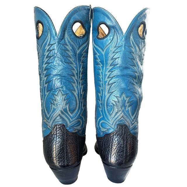 TONY LAMA Vintage Buckaroo Elephant Embossed Tall Black Blue Cowboy Boots - Botablu