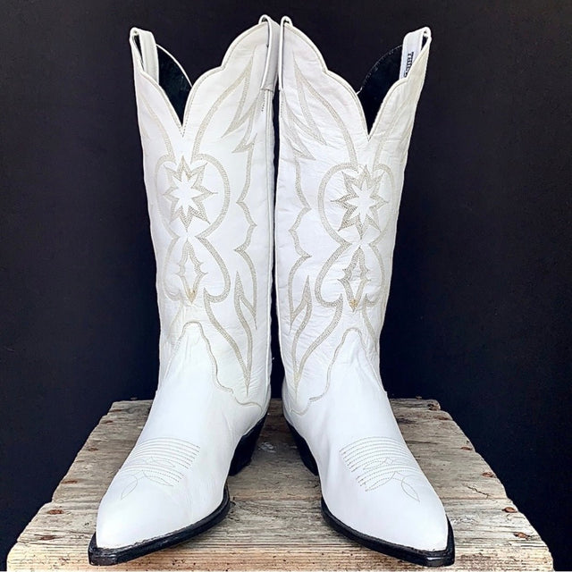 TONY LAMA Vintage White Leather Tall Knee High Cowgirl Cowboy Western Boots - Botablu