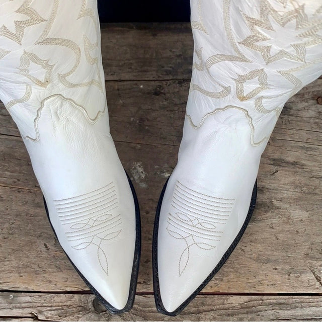 TONY LAMA Vintage White Leather Tall Knee High Cowgirl Cowboy Western Boots - Botablu