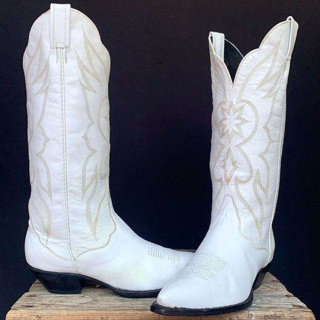 TONY LAMA Vintage White Leather Tall Knee High Cowgirl Cowboy Western Boots - Botablu