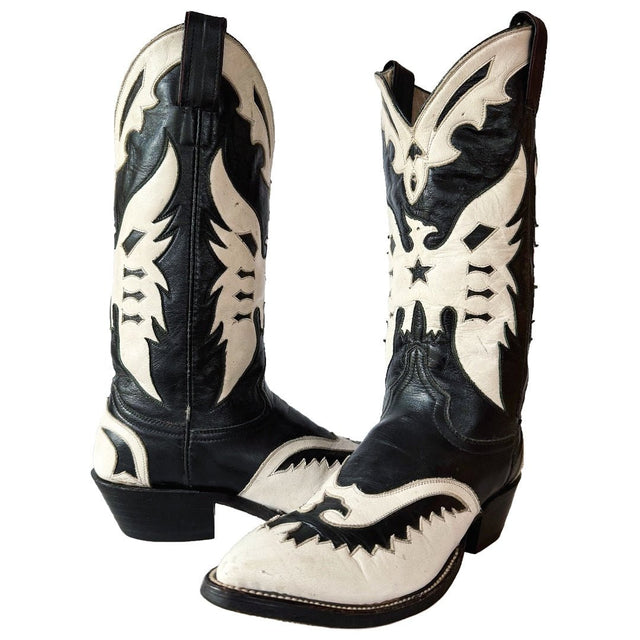 Vintage Eagle Thunderbird Tall Black White Cowboy Boots - Botablu