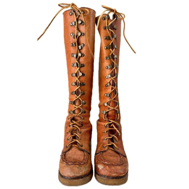 Vintage Lace Up Tall Brown Leather Boots - Botablu