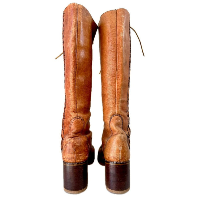 Vintage Lace Up Tall Brown Leather Boots - Botablu